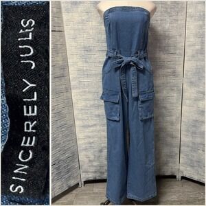 SINCERELY JULIS‎ XL Denim Strapless Wide Leg Cargo Jumpsuit Belted